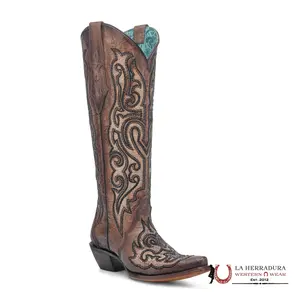 CORRAL TALL BOOT LD TOBACO CRACKLED & EMBROIDERY & CRYSTALS POINT TOE -A4773