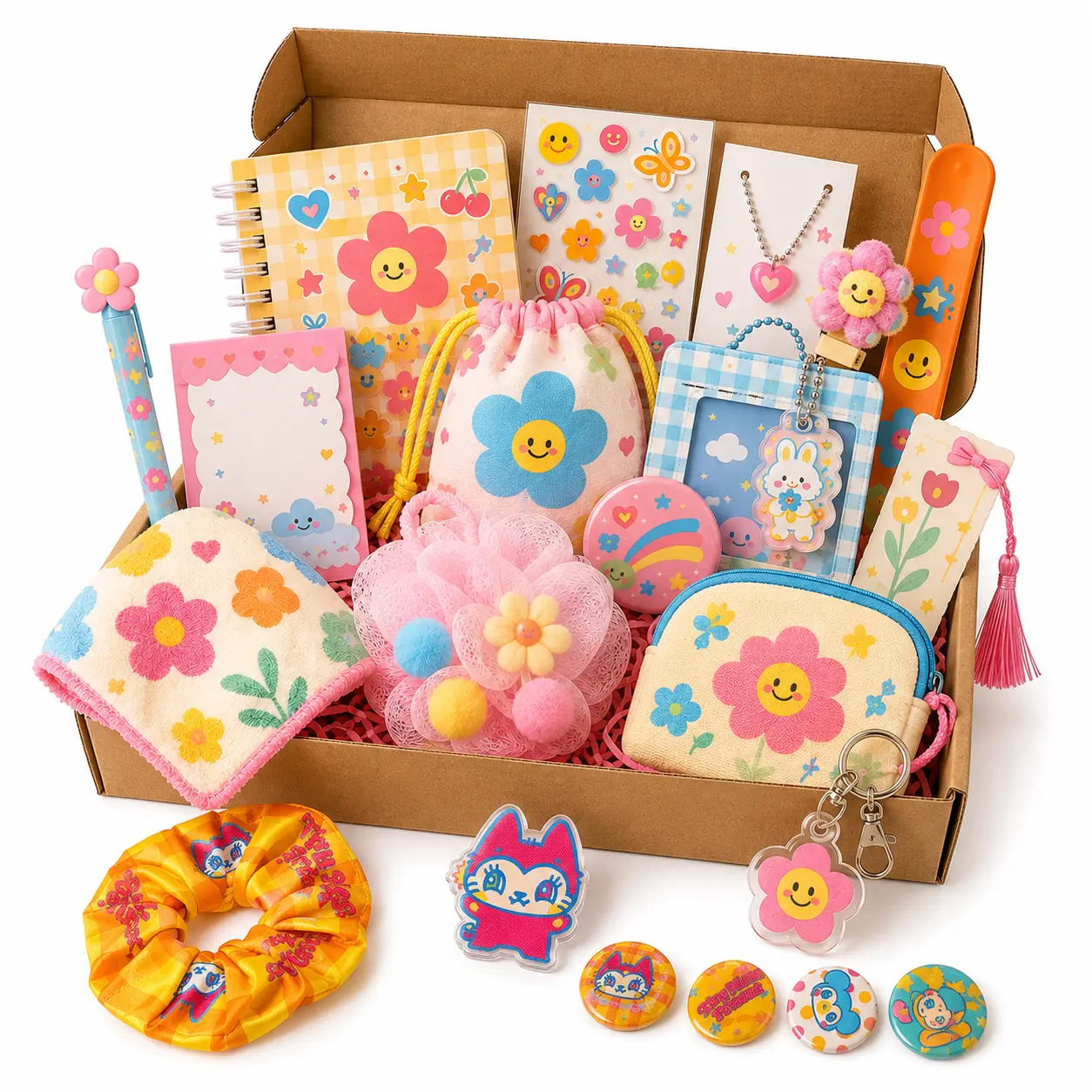 15+ Piece Cute Gift Box for Women, Stationery & Accessories Gift Set with Notebook, Pouch, Keychain, Hair Accessories, Birthday Gift for Her