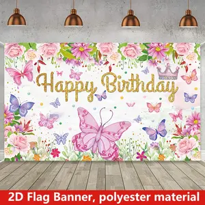 1PC,2D Flat Backdrop Butterfly Flower Theme Birthday Backdrop,Decorative Banner for Kids & Adults Party,Pink Rose Butterfly Crown Pattern,Photo Background Wall for Baby’s First Birthday Decoration,Ha