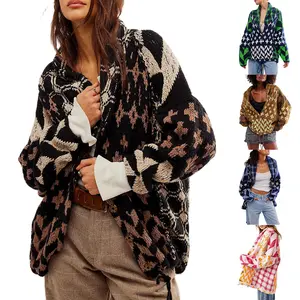 JovenPara Women Fall Sweater Cardigans Graphic Button Down Collar Knitwear Long Sleeve Oversized Y2K Print Coats