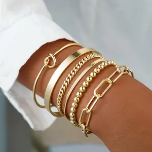 VENOCO 6PCS 14k Gold Plated Brass Charm Bangle Cuff Dainty Bracelet Set for Women Stackable Bracelet Non Tarnish Gold Beaded Paperclip Chain Link Bracelets Jewelry Gifts for Women Trendy