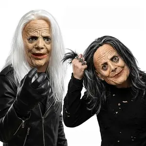 Halloween Latex Horror Old Man/Woman Mask With Long Hair Funny Grandma Full Face Headgear Prank Pro Comfortable Eye Black-Eyed Granny