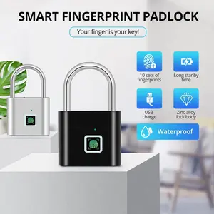 Smart Fingerprint Padlock with Rechargeable Battery IP67 Waterproof Zinc Alloy Biometric Lock for Home Office Travel Secure Durable Friend 10 Groups Fingerprint Storage 0.2s Unlock Speed Type C Charging - Lithium, Lights