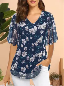 Women's 3/4 Sleeve Floral Print Blouses and Tops Business Dressy Casual Shirts Double Layers Mesh Tunics Tops