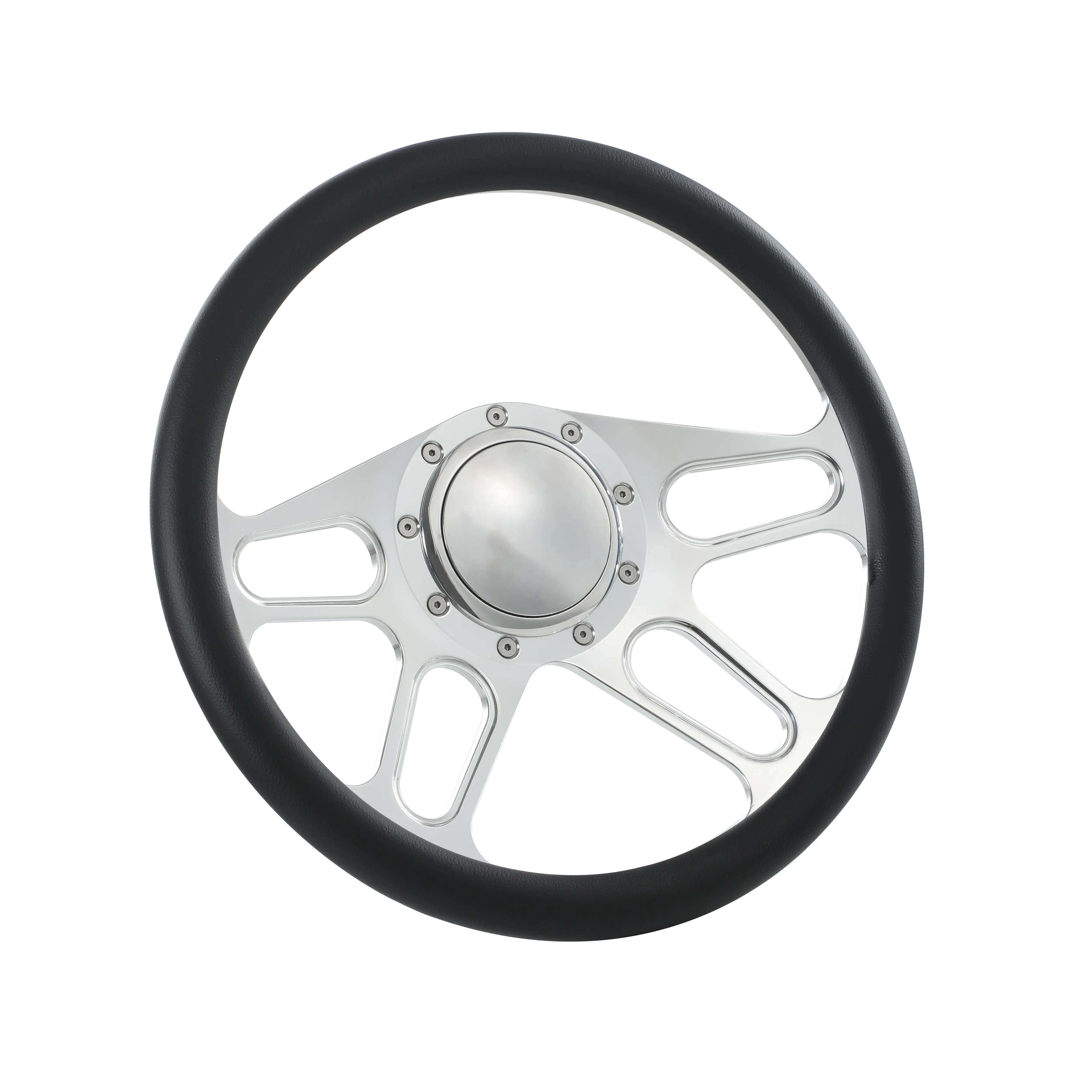Flashpower Aluminum Mirror Polish Billet Steering Wheel - 14-in, 4-Slot Half Wrap, 9 Bolts, 2-in Dish, Includes Horn Button, Compatible with Chevy, Ford, GM