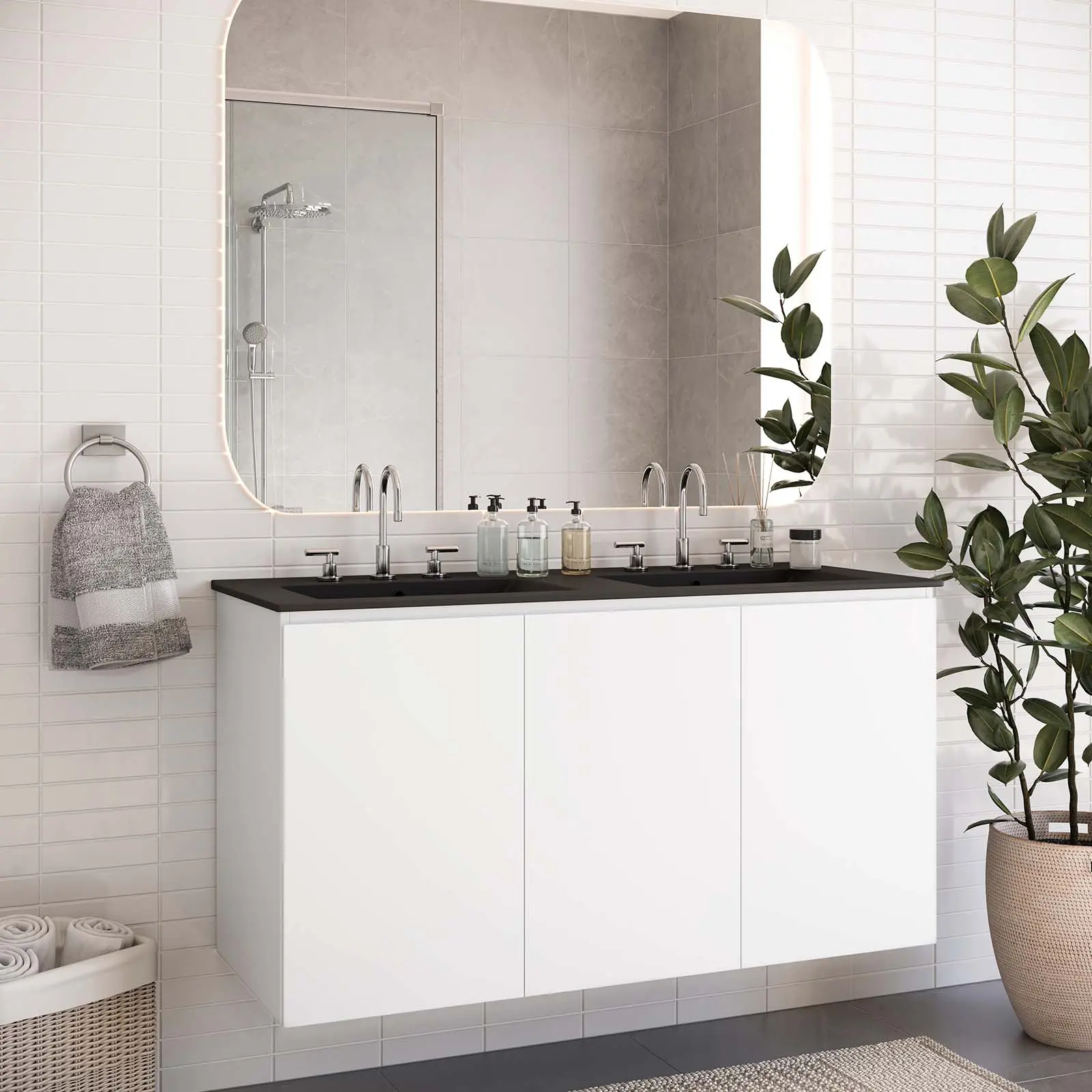 Modway Bryn 48" Wall-Mount Double Sink Bathroom Vanity in White Black