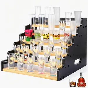 6-Tier Solid Wood Shot Glass Holder Display Rack with Acrylic Baffle, Storage Holder for Shot Glass, Perfume, Spice and Toy Figure