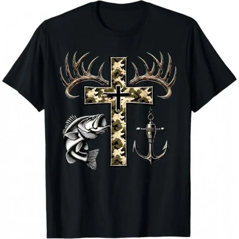 Hunting Fishing Cross Camo Faith Christian Fisherman Hunter T-Shirt ,Southern Charm Fishing Shirt - Camo Cross Antlers and Bass for a Faithful Adventure Crew Neck Unisex Premium Comfort,men's graphic tees  Christmas