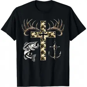 Hunting Fishing Cross Christian T-Shirt – Camo Faith Graphic Tee with Antlers and Bass, Fisherman Hunter Shirt, 100% Cotton Oversized Unisex Streetwear, Soft Breathable Pre-Shrunk Casual Crew Neck Everyday Wear Christmas Gift