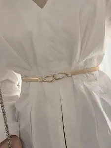 Women Thin Belts For Dresses Elastic Stretch Female Waist Belts Metal Gold Ladies Belts GM073