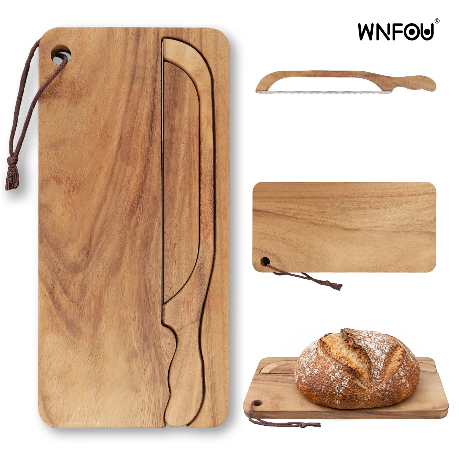 2-in-1 Wooden Bread Cutting Board with Magnetic Serrated Knife, Space-Saving Slicing and Serving Board for Sourdough, Baguette and Homemade Bread