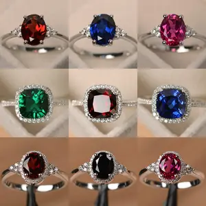 Silver plated Rings for Women Ruby Emerald Sapphire Jewelry Wedding Engagement Ring   Size 6-10