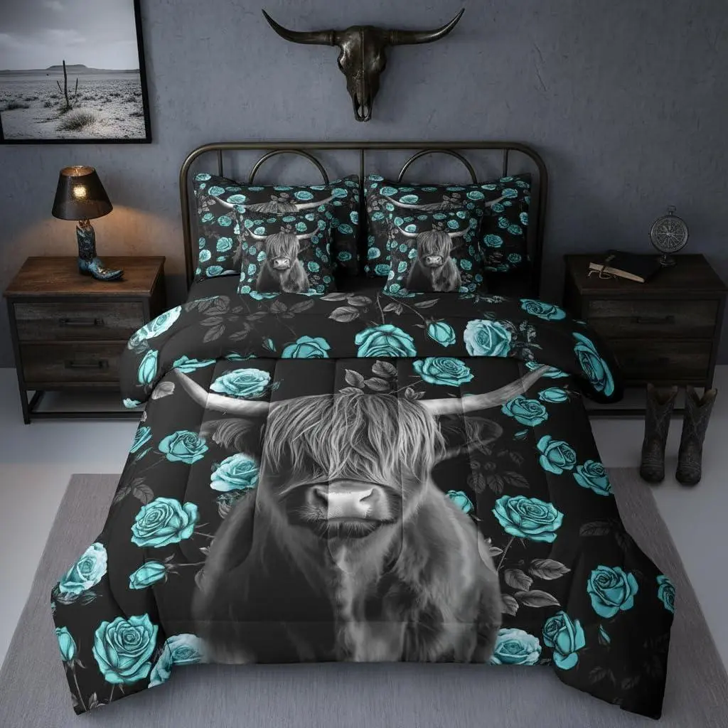 Highland Cow 7 Piece Comforter Set Farmhouse Longhorn Cow Print Bed in A Bag Western Wild Animals Bedding Sets Teal Black Rose Floral Sheet Set with Comforter