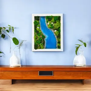 Natural Preserved Moss Wall Art with Sky Blue Epoxy River 16"x13"