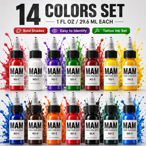 Tattoo Ink Set, 14 Vibrant 1oz Colors - Long-Lasting, Non-Toxic Pigments with Easy Pouring Twist Caps, Suitable for All Skin Types, Color Correction