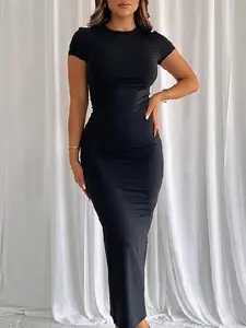 Solid Color Round Neck Slim Short Sleeve Maxi Dress Casual Womenswear Summer Solid Color Round Neck Slim Short Sleeve Maxi Dress Casual Womenswear Summer