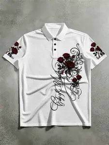 Men's Retro Rose Print Waffle Texture Knit Polo Shirt, Breathable Soft Fabric, Non-Sweaty, Structured Fit, Wrinkle-Resistant