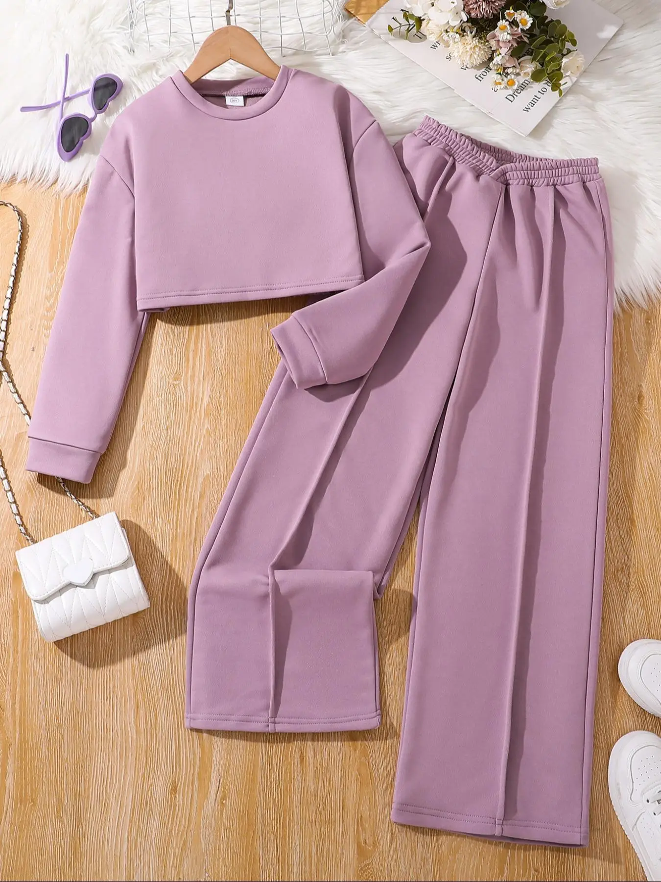 Two-piece Set Girl's Solid Long Sleeve Tee & Flare Leg Pants Set, Casual Round Neck Top & Bell Bottom Trousers Set for Fall & Winter, Girl Clothes, Ki