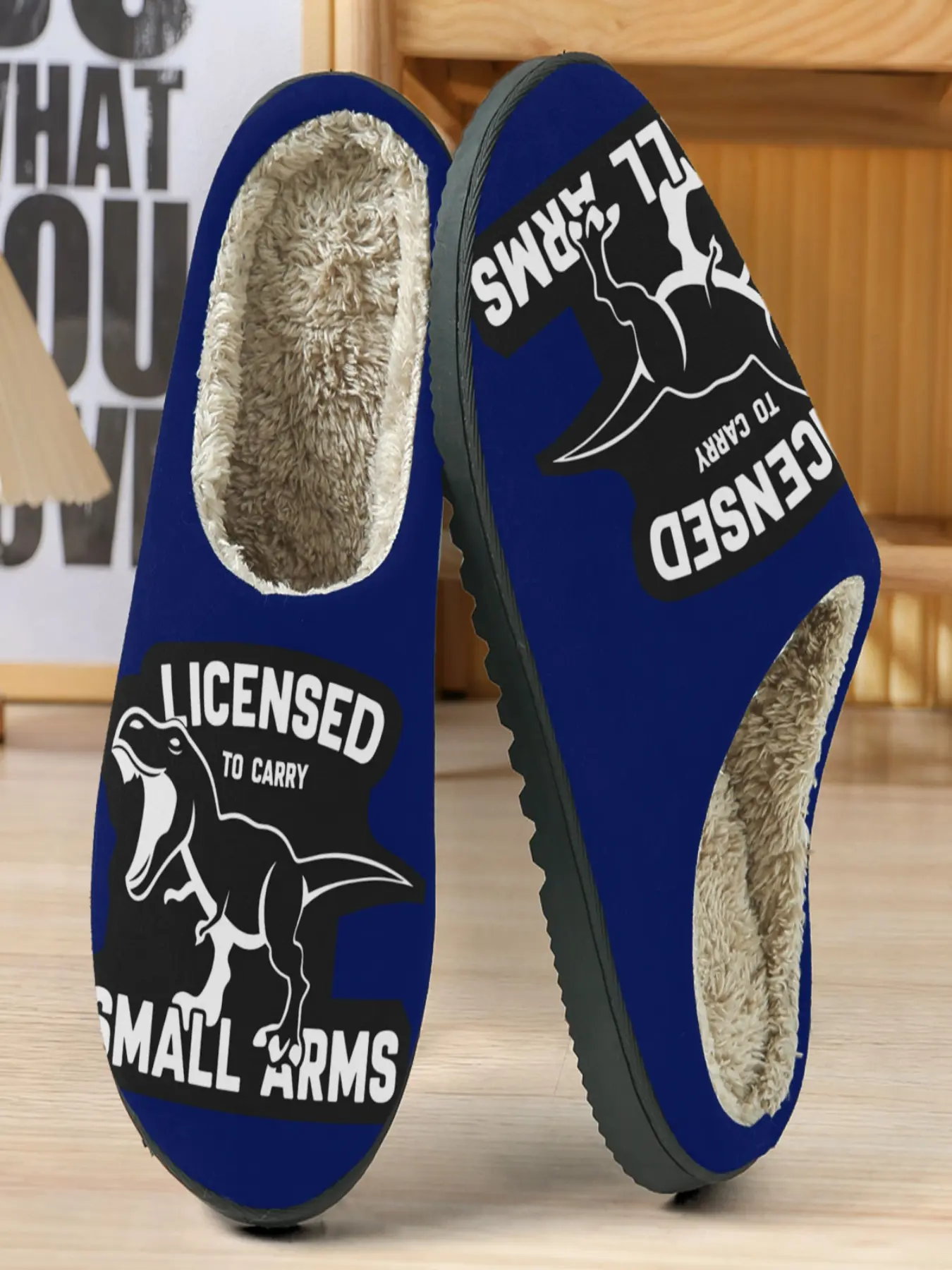 Cute Dinosaur License Cotton Slippers, Deep Blue Color, Tyrannosaurus Design, I Licensed to Carry Small Arms Slogan, Casual Home Wear