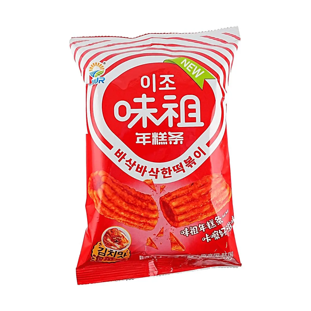 Jiu Ri Traditional Korean Rice Cakes - Savory Spicy Kimchi Flavor, 90g Crunchy Chewy Crisps & Puffed Snack