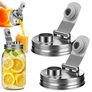 2 PCS Mason Jar Pour Spout Lid Stainless Steel, Regular Mouth Pour Spout Flip Cap Lids for Mason Jars, Mason Jar Drinking Lids for Iced Coffee, Smoothies & Cold Drinks, No Rust Leaking Proof for Home Brewing Fruit Fermenting Drinks Airtight, Easy Flip Lid