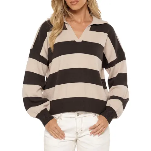 EVALESS Women's Polyester-Polyamide Soft Blend Knit Sweater - Ribbed Striped Polo Collar, Half V-Neck, Balloon Long Sleeve Tops, High Stretch 60% Fabric, Oversized Lightweight Loose Casual Pullover, Clothes for Women, All-Day Cozy Wear, Summer Outfits