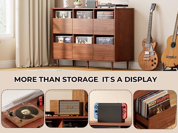 BROTTAR Large Record Player Stand with Vinyl Storage Up to 550 Albums, 2-Tier Record Storage Cabinet, Mid Century Turntable Stand, Vinyl Record Storage with Shelves for Bedroom, Living Room, Office (Walnut)