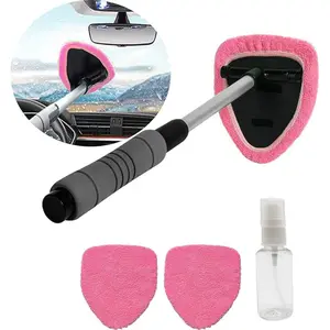Windshield Window Cleaner Tool, Windshield Cleaner Car Windshield Cleaning Tool with Reusable Microfiber Pads Glass Wiper Kit with Extendable Handle Car Window Cleaner for Car Cleaning (1, Pink)