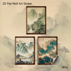 2D Flat Wall Art, 3Pcs PVC Self-Adhesive Framed Wallpaper Sticker, Traditional Chinese Landscape Painting Wall Decals, Oriental Ink Wash Style Decor for Living Room, Bedroom, Ideal for Art Lovers & Eastern Aesthetic Fans
