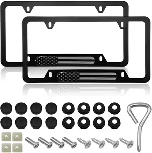2 count Flag License Plate Frame,  Flag Patriotic Stainless Steel Auto Plate Cover,   Rust-Proof  License Plate Holder, Universal  Accessories (Black)