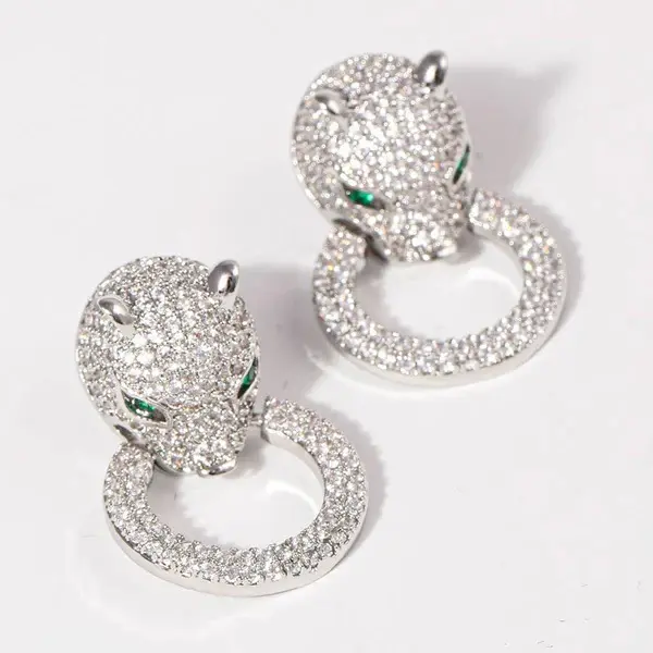 Animal Panther Head Costume Earrings - 1" Drop Length, Paved CZ Ring Pave Posts, Bold Look, Secure Fit, Detailed Design - Stylish for Day Night Occasions