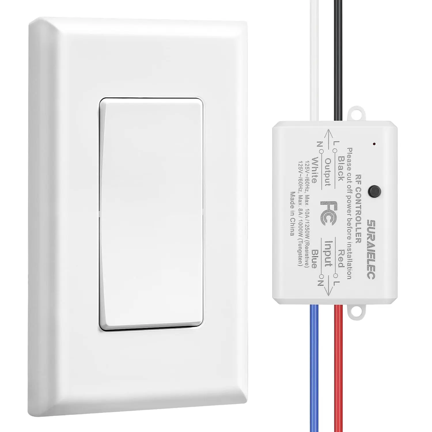 Wireless Remote Light Switch Kit - No Wiring, No WiFi, 100ft RF Range, Pre-Programmed, Expandable, 1/3hp, 433.92mhz, 8a/1000w Tungsten, 10a/1250w Resistive, 600w Fluorescent, 200w LED, 125v, 12v 23a, Wall Switch & Receiver for Lamp, Ceiling Light, Attics