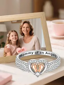 Heart-Shaped Zircon Ring, Angel Design Symbolizing Love & Care, Perfect Gift for Mom, Elegant Jewelry Accessory, Cubic Oxide Zircon Ring, Mommy Of An Angel, Heart Signet Ring