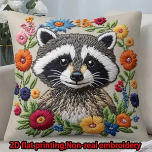 2D flat print 1pc short plush decoration single-sided pillowcase raccoon wreath non-real embroidery hand-washable and machine-washable multi-size pillowcase suitable for bedroom living room sofa(excluding pillow core)