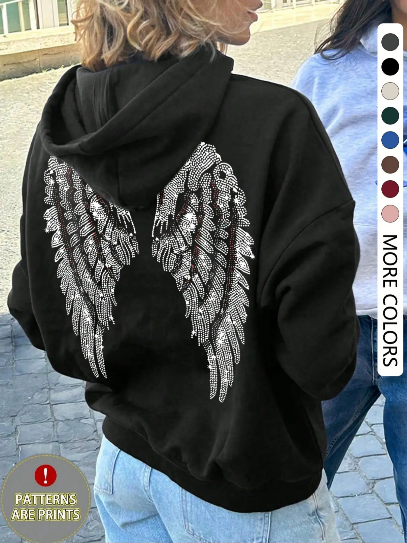 Women's Casual Loose-Fit Soft Hoodie, Loose Hooded Sweatshirt, Wing Print Design, Thick Knit Fabric, All-Season Wear, Perfect for Home & Daily