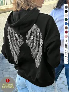 Women's Casual Loose-Fit Soft Hoodie, Wing Print Design, Thick Knit Fabric, All-Season Wear, Perfect for Home & Daily
