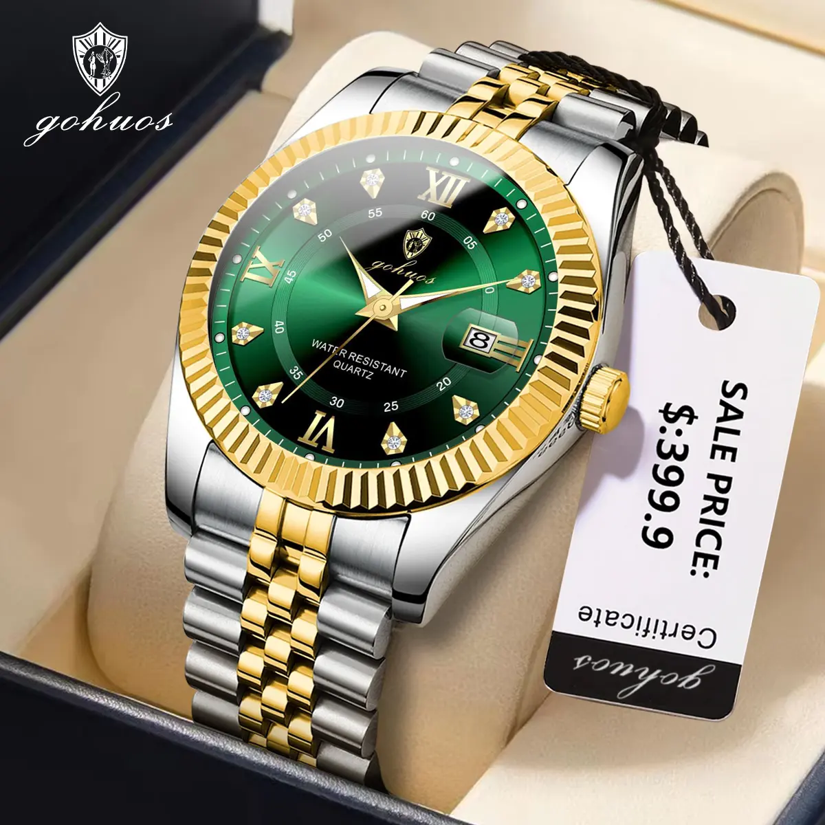 GOHUOS Summer Upgrade Classic Fashion Men's Watch - Black and Gold, Diamond Embellished, Boxed, Elegant, Stainless Steel Strap, Date Display, 3ATM Water Resistance, Log-Style Design, Ideal Gift for Him, Black And Gold Wrist Watches, Boxed Wrist Watches