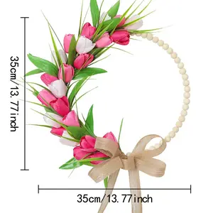 2026 New Spring Floral Wreath Door Hanging Decor with Wooden Beads, Faux Tulip Holiday Wreath for Home Decoration, Flower, Festive Design, Easy to Display