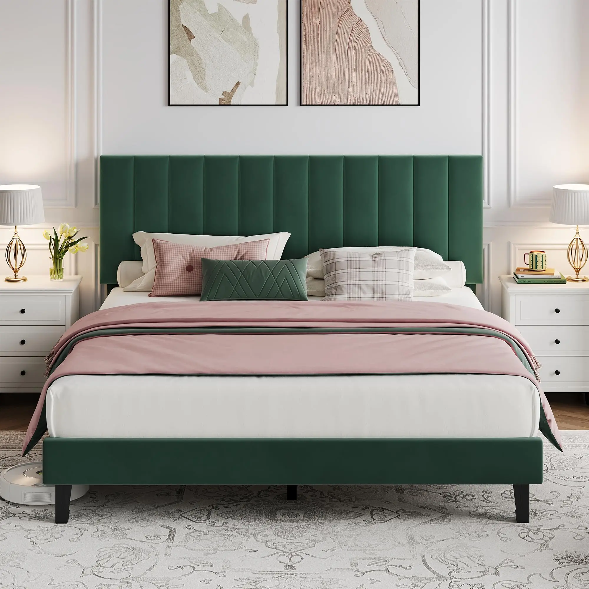 Garvee Queen Size Bed Frame, Velvet Upholstered Platform Bed with Adjustable Vertical Channel Tufted Headboard, No Box Spring Needed, Easy Assembly, Dark Green