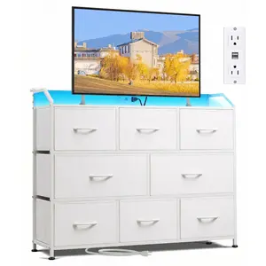 8 Drawer Dresser with LED Light & Power Outlets, Fabric Chest of Drawers with Wood Top & Steel Frame, TV Stand with 2 USB Ports, Storage Organizer for Bedroom Living Room Entryway, 13.3D x 39.3W x 31.4H