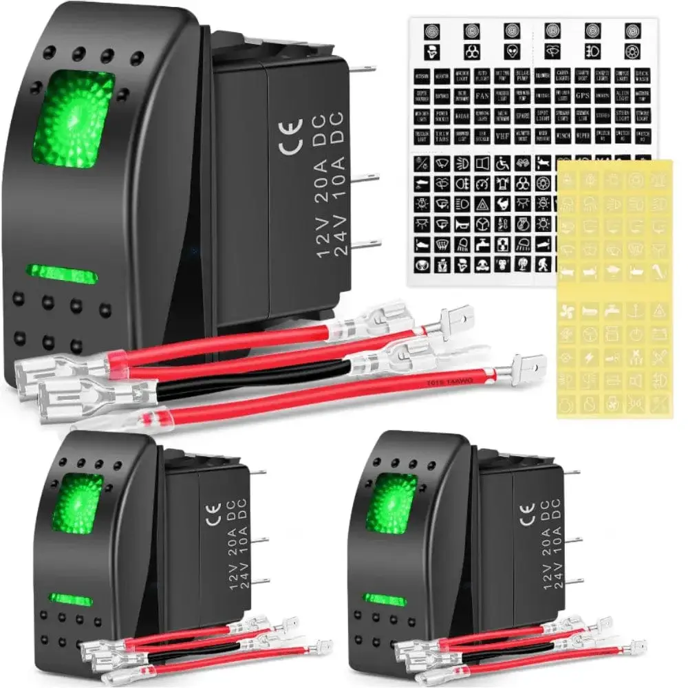 Nilight 3 Pcs 5-Pin SPST On/Off Rocker Switches - Green Waterproof 24V 10A Outdoor Electrical Switches for LED Lights, Cars, SUVs, Boats, Yachts, DIY Stickers Compatible