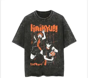 Menswear Haikyuu Round Neck Short Sleeve Oversized T-Shirt - Hinata & Kageyama Graphic, Karasuno High Volleyball Team Merch, Heavyweight Cotton, Acid Wash Streetwear, Harajuku Casual Classic Unisex Boyfriend Top