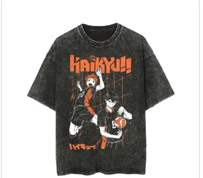 Men's Short-Sleeve T-Shirts - Haikyuu Hinata Manga Graphic Oversized Top, Acid Wash Streetwear in Soft Heavyweight Cotton, Manga Graphic Men's Short-Sleeve T-Shirts, Hinata Graphic
