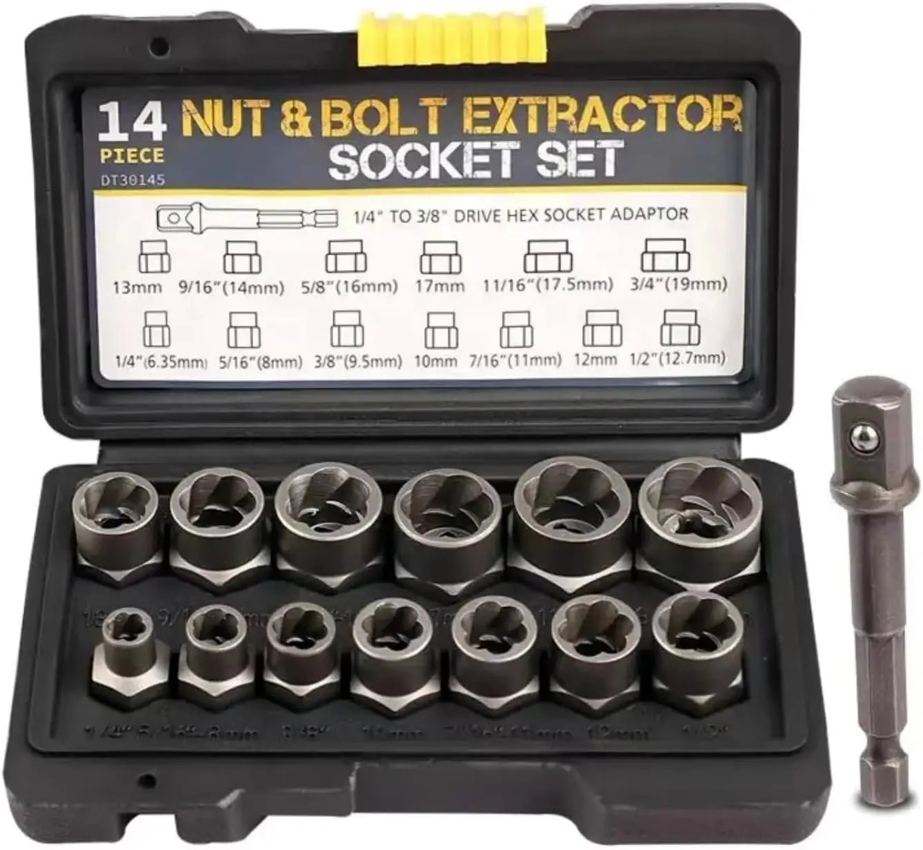 14-Piece High-Carbon Steel Metric/Inch Mix Bolt Extractor Kit, 1/4”-3/8” Drive Spiral Grip Socket Set with Hex Adapter for Rusted, Damaged or Dead Nuts & Screws