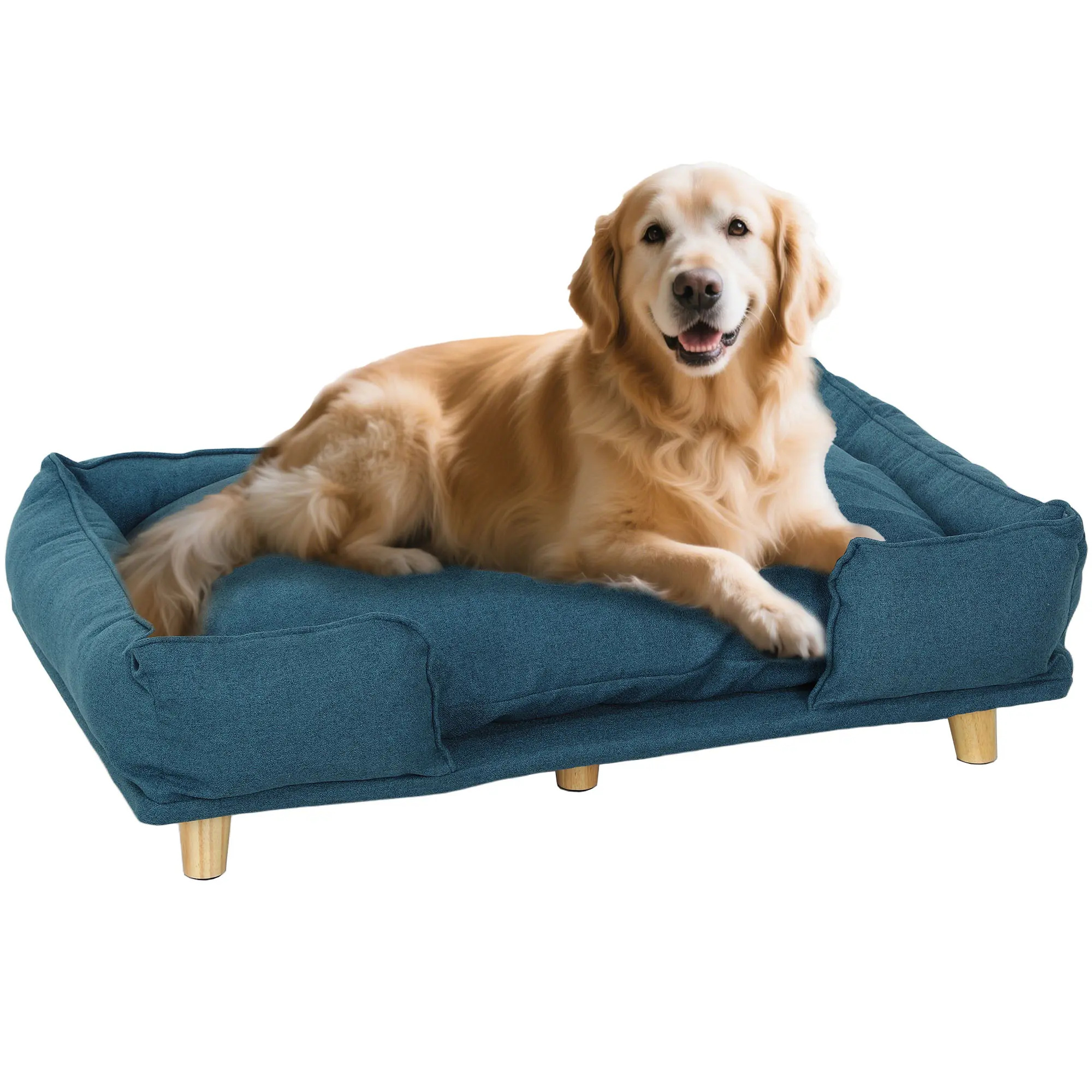 PawHut Dog Sofa, Raised Dog Couch with Comfortable Cushion, Pine Wood Legs, Foot Pads, Pet Sofa for Large-Sized Dogs Indoor Use, Dark Blue