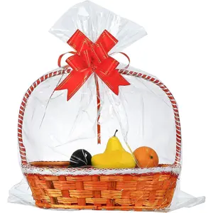 50 Packs Large Cellophane Bags 24" x 30" Clear Cellophane  Basket Wraps Extra-large 2.3 Mil Thick Clear Cello Bags for Fruit Basket,  Wrap, , Arts and Crafts, 50ct Ribbon Bows Red