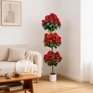 Artificial Three Ball Geranium Tree – Lifelike Faux Plant in Pot for Indoor/Outdoor Decor, Tall Geranium Flower Tree for Home Office Patio, Perfect Housewarming Gift