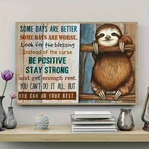 1 Piece Inspirational Sloth Canvas Wall Art - Rustic Wood Board Design with Inspirational Quotes, Ready to Hang, Suitable for Bedroom, Living Room or Cafe Decoration, Office Artwork| Rustic Style Wall Decoration, 2D Flat Surface