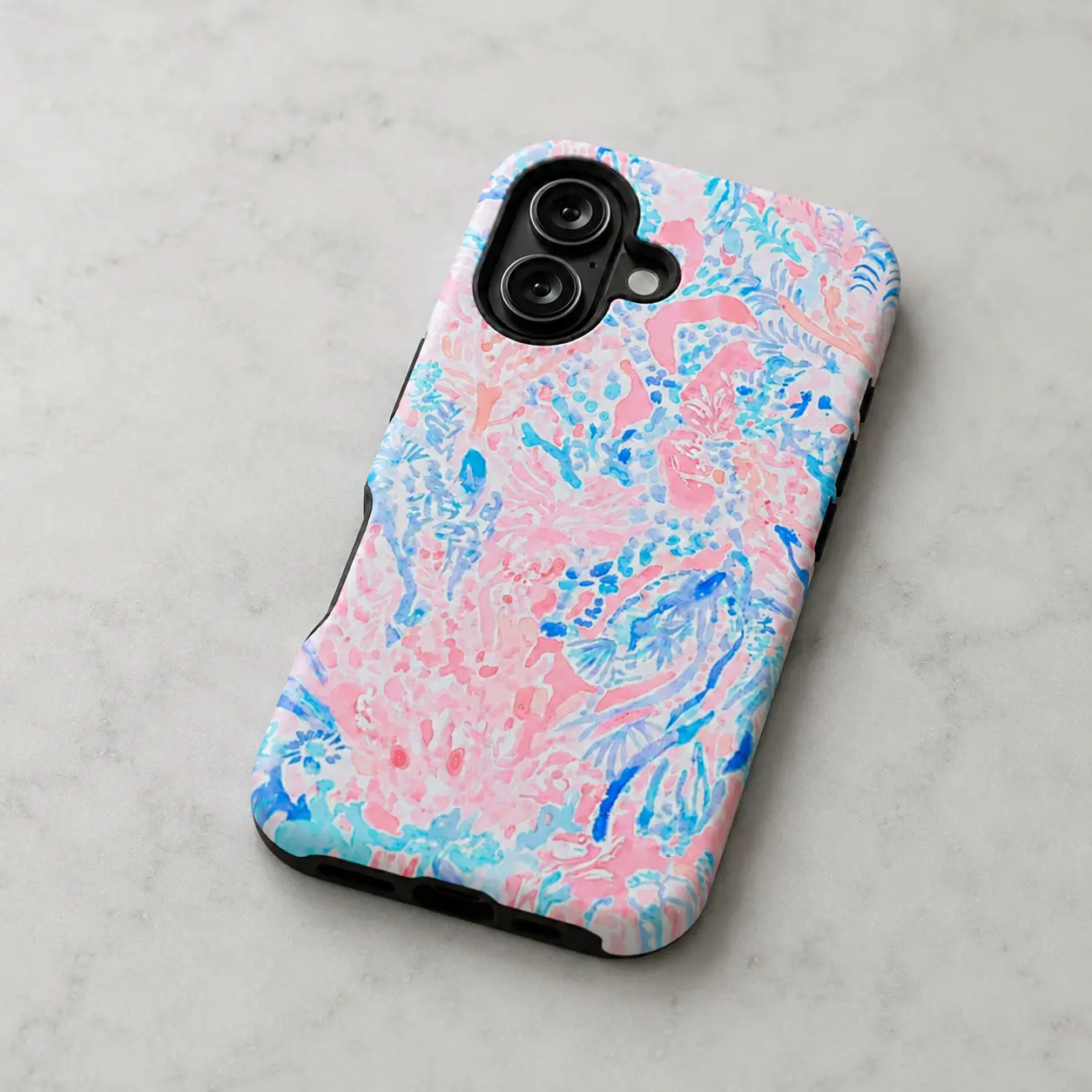 Light blue retro American-style fresh ocean element patchwork pattern protective case, sturdy and durable 2-in-1 protective case, compatible with iPhone 17/16/15/14/13/12/11 Pro Max/Plus/Pro, Samsung Galaxy S25/S24/S23 Ultra series,