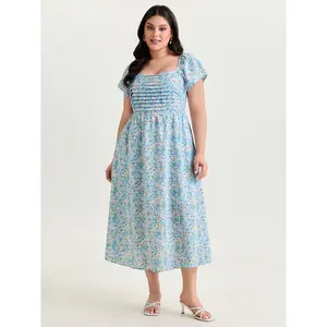 BLOOMCHIC Plus Size Floral Print Square Neckline Pleated Midi Dress [M-6X]2026 Summer Vibes Swimweek